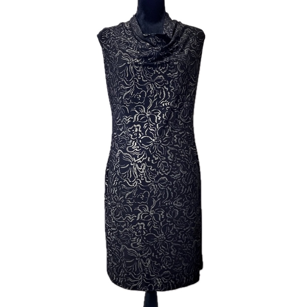 TOMMY HILFIGER Black & Gold Sleeveless Midi Shift Dress Size 6 Cowl Neck